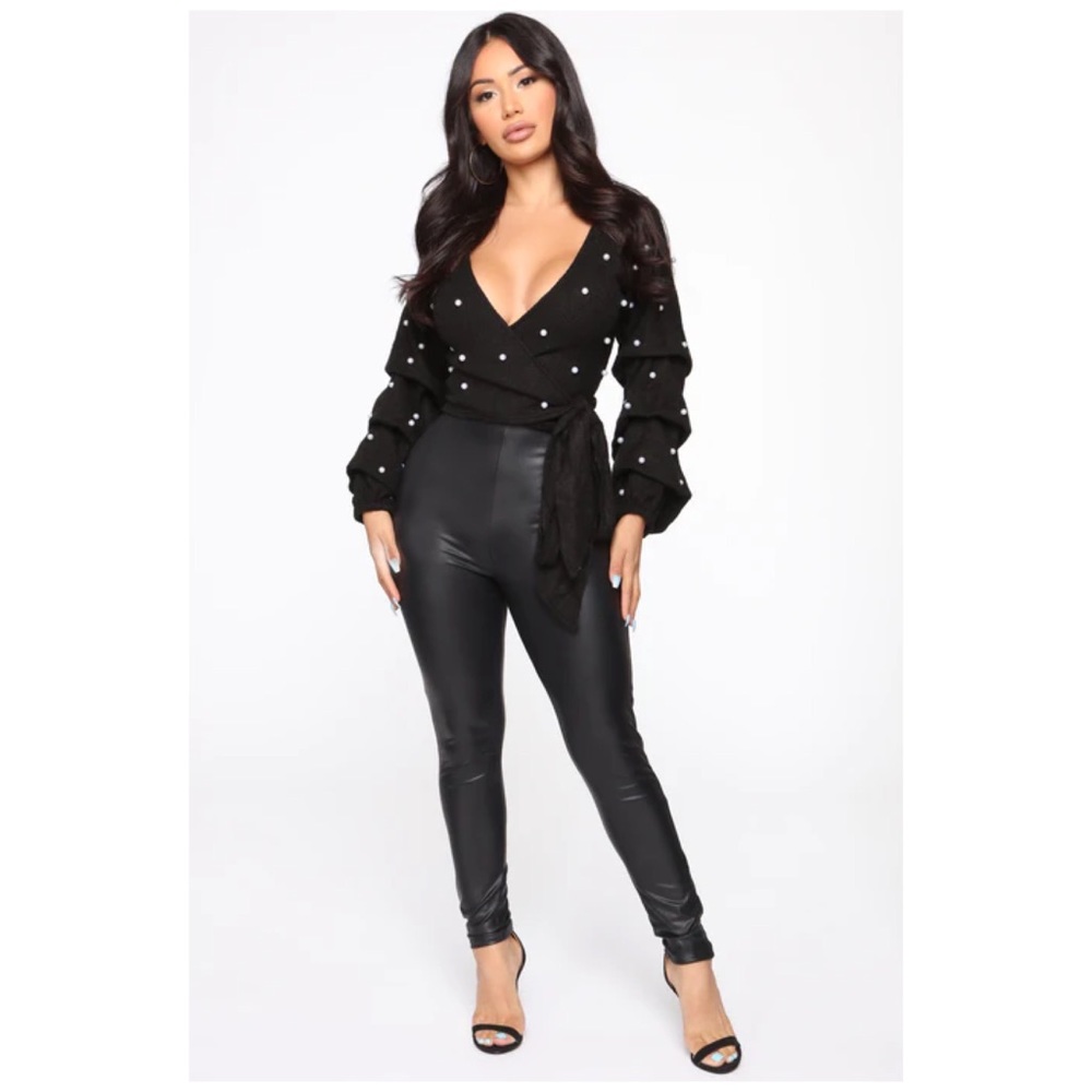 NWT Fashion Nova Womens Black Pearl Detail Crop Wrap Sweater Top - Picture 2 of 5